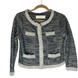Isani Anthropologie Beaded Navy Cropped Blazer Sweater Size Small